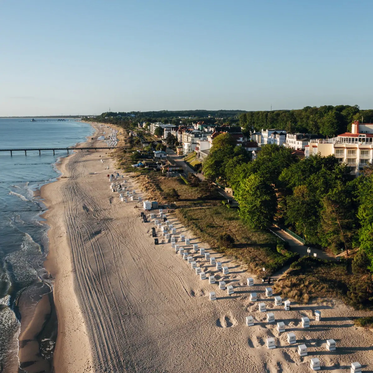Strand mit Gebäuden und Bäumen im Vordergrund.