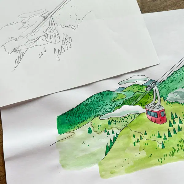 Illustration von Ajon Zeichnung einer Seilbahn