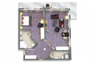 Grundriss Grundriss eines Hauses mit markierten Räumen und Einrichtungsgegenständen.