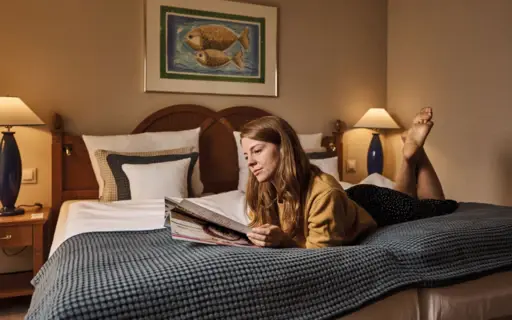 Eine Frau liegt auf einem Bett und liest ein Buch.
