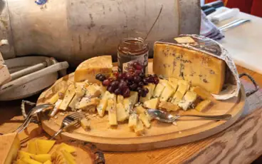 Ein Teller mit Käse und Trauben.